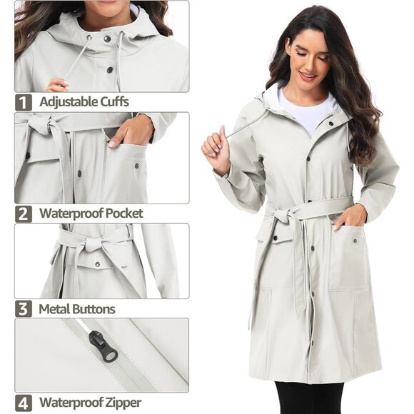Women’s Tc-beige Waterproof Rain Jackets Hooded Long & Raincoat Windbreaker - Picture 4 of 9